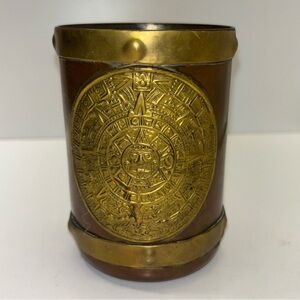 Vintage souvenir copper & brass Mayan Aztec sun god Mexican mug